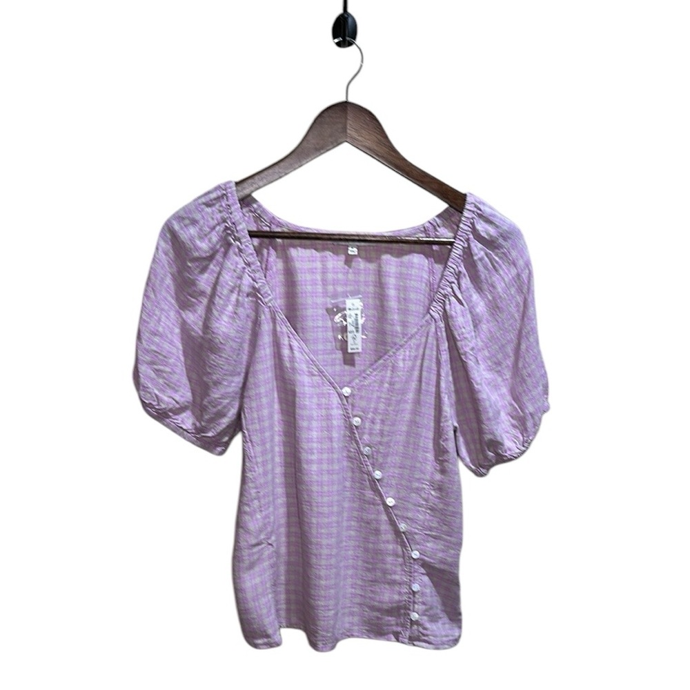 NWT Madewell small Linen-Blend Puff-Sleeve Button-Wrap Top in Plaid